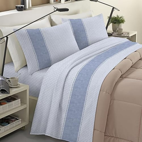 Banzaii Completo Lenzuola Matrimoniale Invernale in Flanella Felpate 100% Cotone Anti-Pilling 2 Piazze Ines Azzurro