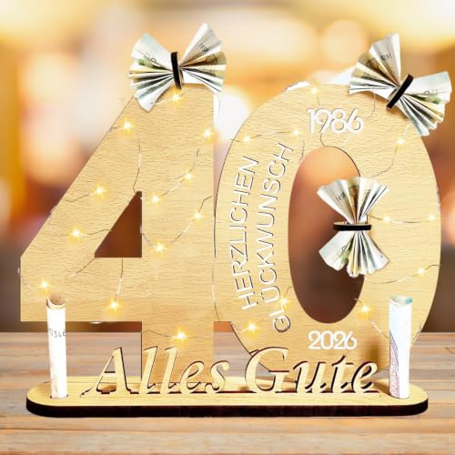 Qunkun Geldgeschenke Geburtstag, Geschenke zum 40 Geburtstag Frau Mann, 40 Geburtstagszahlen Holz Schild Gästebuch mit LED Lichterkette, Kreatives Geldgeschenke, Geburtstag Deko für Freunde/Familie