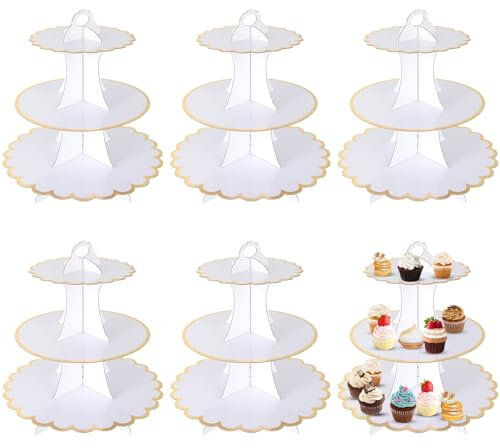 VIDETOL 6 Stück Cupcake Ständer Karton, 30 x 32 cm Tortenständer 3 Etagen, Weiß Kuchenständer für Party, Hochzeit, Geburtstag