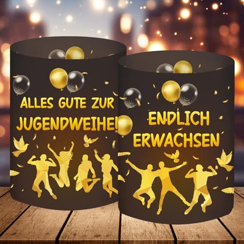 12 Windlicht Tischdeko, Jugendweihe Deko Junge Mädchen, Jugendweihe Party Deko Schwarz Gold Gastgeschenk Geschenke, Geeignet für Teelichter oder Kerzen