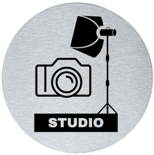 stahl-design-tebart Hinweisschild Piktogramm rund 7,5 cm Edelstahl selbstklebend 3M Klebefläche graviert Edeloptik elegante Beschilderung Studio Kamera Licht- 7,5x7,5x0,1cm