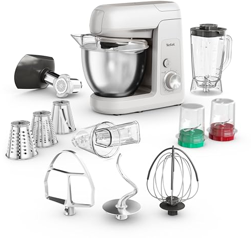 Tefal Bake Partner Küchenmaschine, leistungsstarke 1100 W, inkl. Standmixeraufsatz + Back-Kit, Abschaltautomatik bei Anheben des Armes, planetarisches Rührsystem, 4,6-l-Schüssel, Silber, QB525B38