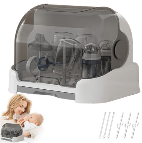 Babyflaschenspeicherbox, großer Babyflaschenorganisator mit Abdeckung und abnehmbares Abflussschale, staubdes tragbarer Babyflaschen -Trockenstange für Küchenschrank (grau)