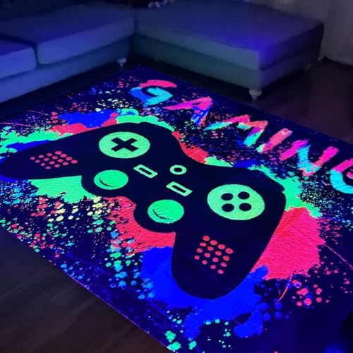 HOLAVIDA Neon Spiel Teppiche Gegend, 3D Schwarzlicht UV-Reaktiver Spiel Controller Teppich, rutschfeste Fluoreszierende Bodenmatte, Leuchtet im Dunkeln Spielmatte für Kinder Spielzimmer 180x120cm