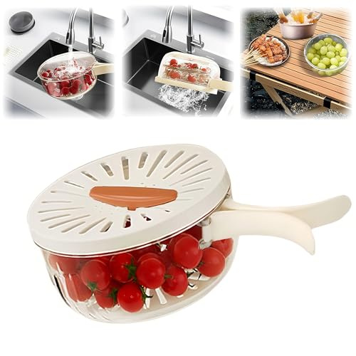 2 in 1 Fruit Vegetable Washing Bowl with Strainer, 1 QT Multipurpose Drain Basket with Lid & Foldable Handle, Fruit Strainer Container for Kitchen, Fridge, Picnics, Apartment, BPA-Free Material