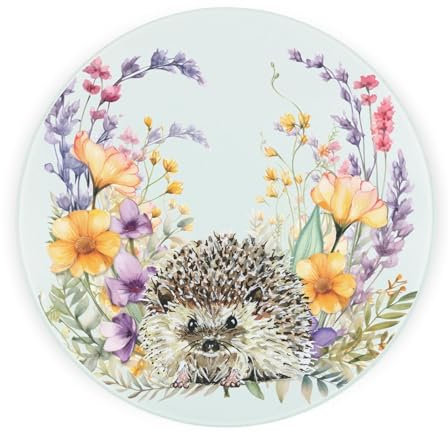 Floral Hedgehog Round Glass Worktop Saver - Pretty Wildlife & Foliage Kitchen Gifts - Textured Chopping Board/Protector Non-Slip Feet 30cm x 30cm (12 x 12)