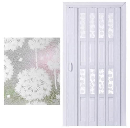 PVC Folding Door with Frosted Acrylic Dandelion Pattern, Internal Sliding Concertina Door White, Doorway Bathroom Shower Partition Temporary Door(30x40in(76x101cm))