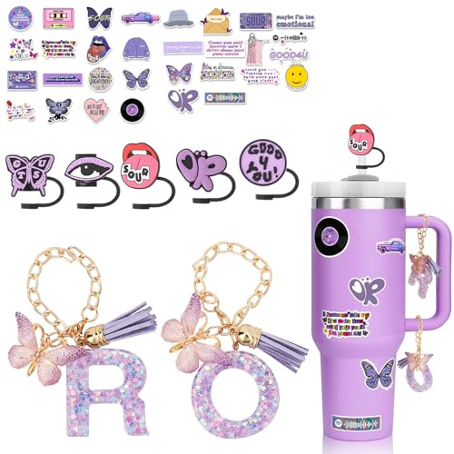 WALLFID Cup Accessories Set induces 5pcs Silicone Straw Covers and 50 Pack Pop Singer Stickers,2pcs Letter Charm,for 40oz Tumbler with Handle,Cup Purple Charm Gift for Fans Girls