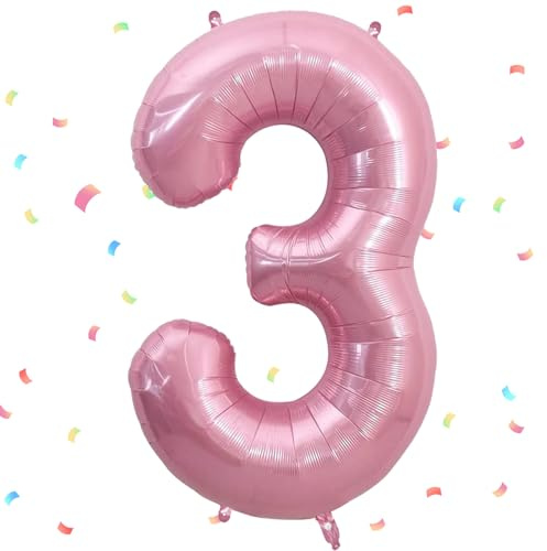 Zahlen Luftballon Rosa,Rosa Luftballon 3, 40 Zoll Rosa Folienballon 3，101cm Rosa Zahlenballon 3 Helium Ballon Luftballon 3 Geburtstag für 3 Jahre Geburtstagsdeko Kinder Mädchen Junge