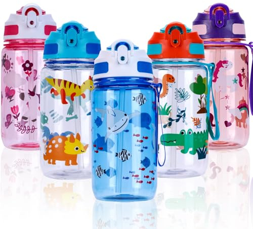 SUPPRUI Water Bottles with Straw & Handle,600ml Drinks Bottle for School,Leakproof Bottle BPA free Sport Bottles (Blue - Sea World)