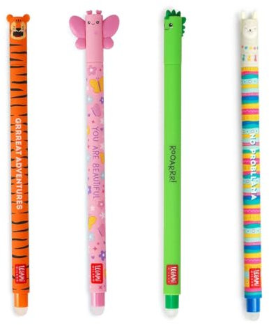 LEGAMI - 4er Set Gel-Radierstifte, Erasable Pen, Stifte mit radierbarer Tinte, Gelschreiber Radierbar ohne Blatt zu verbrauchen, 0,7 mm Spitze Dino, Lama, Tiger und Schmetterling