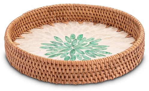 Decorasian Vintage Tablett aus Rattan mit Muschel Mosaik – Dekotablett und Serviertablett mit Griff im Boho Stil - Durchmesser 25cm