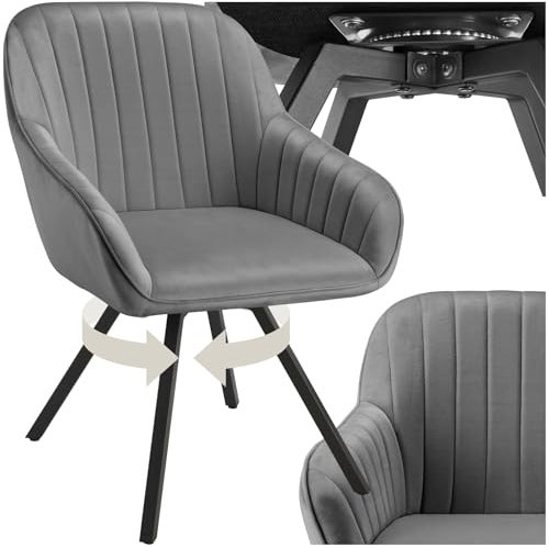 tectake® drehbare Esszimmerstühle mit Armlehne, Schalenstuhl ergonomisch mit Samt Bezug, gesteppt, Stühle drehbar für Wohnzimmer, Esstisch, Arbeitszimmer, Schminktisch, Küchenstühle - 1er Set, grau