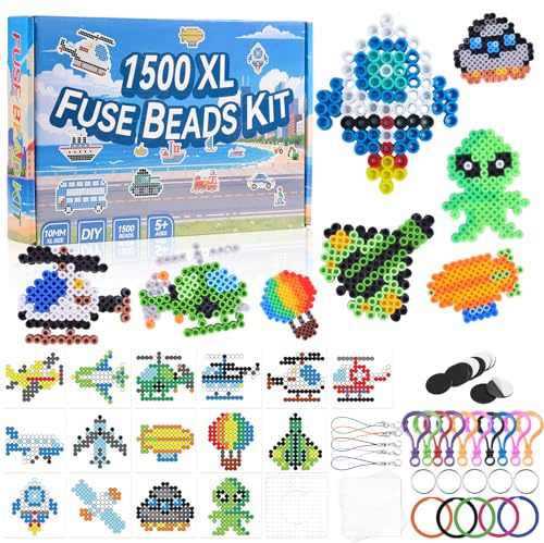 1500 Stück 10mm Bügelperlen Set, 12 Bunte Farben XL Steckperlen mit 15 Luftverkehr Thema Muster, Steckplatte, Bügelpapier und Pinzette ab 3 jahre für Kinder Kreatives Perlenset