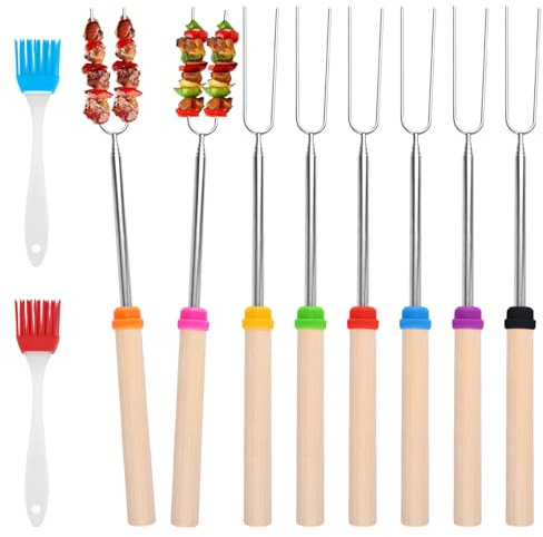 8 Stück Grillspieße Teleskop Marshmallow mit Zwei Ölpinseln, Teleskop Grillspieße Edelstahl Marshmallow Mit Holzgriff 30.5-80.5Cm Grillstab, Stockbrot Stöcke Roasting Sticks für Camping Grill 8 Farben