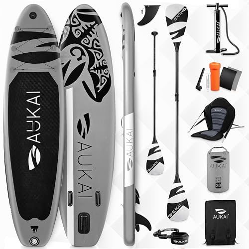AUKAI SUP Board PRO 320cm | 2in1 Aufblasbares Stand up Paddle Set mit Kajak-Sitz | 5 Jahre Garantie | Komplettsett | Sitz, Action-Cam-Halterung, Fußschlaufe, Pumpe, Rucksack (Ocean-Grau mit Sitz)