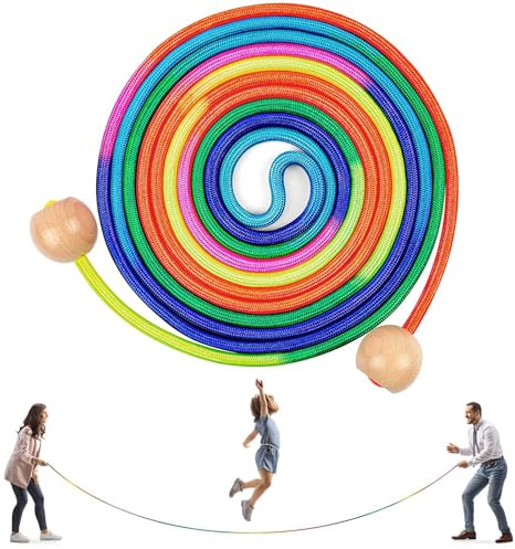 Flintronic Cuerda Saltar 5M, Cuerdas de Saltar Ajustables para Niños, con Mango Madera, Cuerdas de Saltars Arcoíris, para Fitness Actividad al Aire Libre