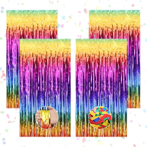4 Bunte Lametta Vorhänge Vorhang Geburtstag(1m x 2m) mit 1 Packung Konfetti | Regenbogen Metallic Glitzer Vorhang, Glitzervorhang für Party Deko, Disco-Partys, Geburtstagsfeiern, Hochzeitsdekoration