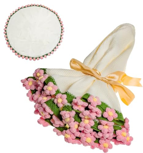 EIGHTOWN 43'' Crochet Flowers Rose Bouquet Blanket Finished - Handmade Knitted Throw Blanket with Pink Puff Flowers - Home Décor Ideal Women Gift for Mom - Mother's Day Birthday Valentine's Day