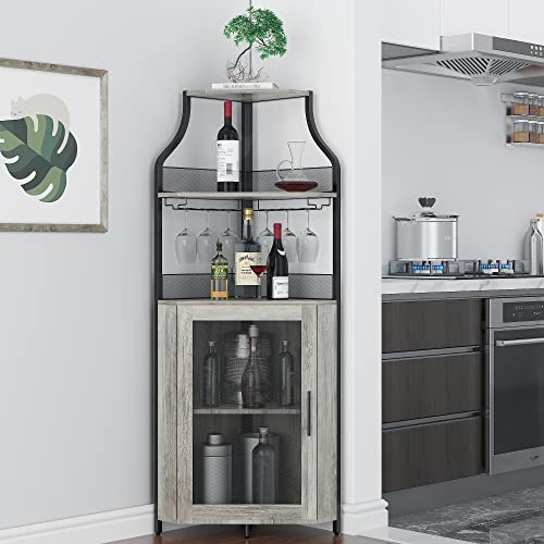 Aptliton Corner Wine Cabinet with Removable Wine Rack, Industrial Corner Bar Cabinet with Barn Door, Wine Storage Cabinet for Dining Room, Kitchen or Living Room，Gray