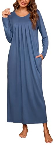 Leversic Chemise de Nuit Femme Longue Hiver Coton Robe Femme Nuisette Manches Longues 1135-Bleu Clair M