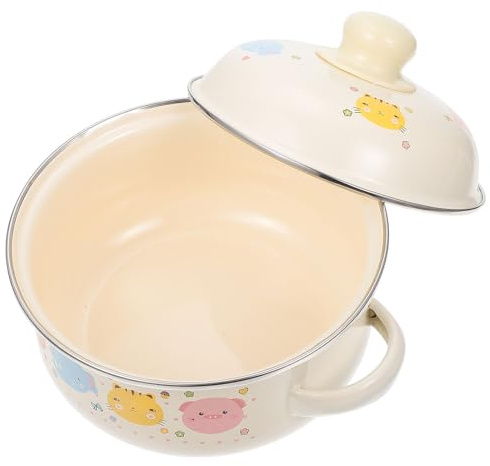 Veemoon Olla Esmaltada de 16 CM Doble Asa y Tapa Cacerola Doméstica para Guisar y Preparar Leche Olla para Sopa de Estilo Antiguo Fácil Limpieza y Calentamiento Uniforme para Cocina