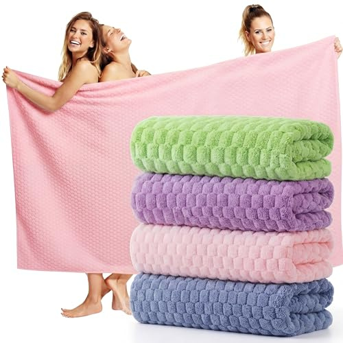 Peryiter 4 Pcs Oversized Bath Towels 40 x 80 Inch Extra Large Pink Green Dark Blue Purple Bath Sheets for Adults Jumbo Microfiber Towel Coral Velvet Highly Absorbent Bathroom Towels for Home Beach