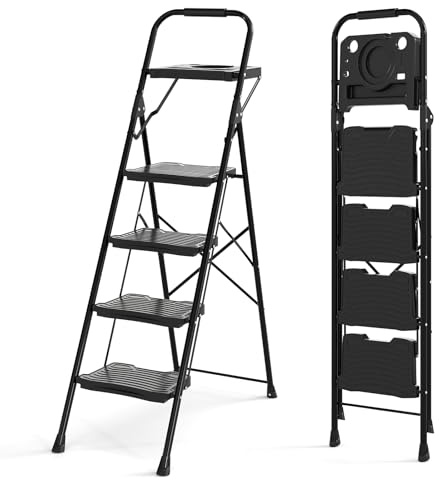 COSTWAY 4 Step Ladder, Folding Anti Slip Stepladder with Tool Tray, Safe Buckle and Padded Handgrip, 150kg Capacity Portable Safety Household Ladder Stool (45 x 88 x 148cm, Wide Pedals, Black)
