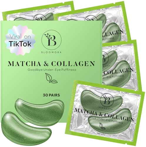 BLOOMORA Matcha & kollagen ögonkuddar (30 par) – ögonkuddar med kollagen & matcha – ögonkuddar mot ögonringar – ögonlappar