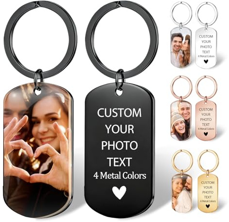 Porte clef personnalisable Double Face avec Photo et Texte Gravé, Porte clé personnalisé en Acier Inoxydable - Cadeau Unique pour Homme, Femme & Couple (Saint-Valentin/Anniversaire)
