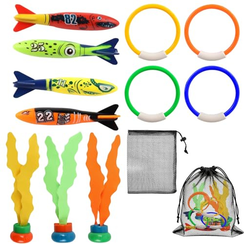 Yhjxly Set di 12 giocattoli subacquei per bambini, 11 anelli da immersione, siluro, giocattolo per alghe, giocattolo da piscina con borsa per il trasporto, regalo estivo per ragazzi e ragazze dai 4 ai
