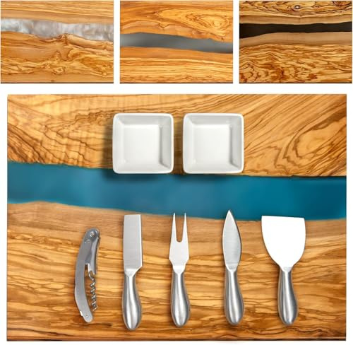 Handcrafted Olive Wood Cheese & Charcuterie Board Set with Resin Artwork - Cutting Board with 4 Cheese Knives, 2 Dipping Bowls & Wine Opener