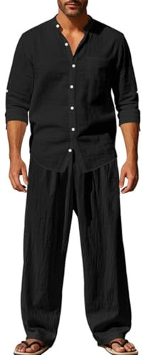 PADOLA Conjunto de Lino de 2 Piezas para hombre Camisa y Pantalones de Verano Traje de Tiempo Libre Chándal Casual(M,Negro)