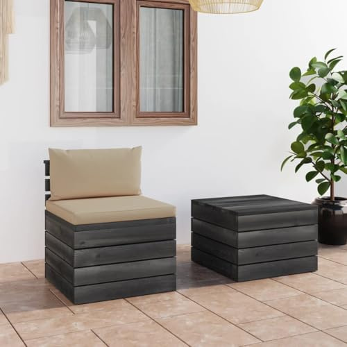 RCODSSK 2-TLG. Paletten-Sofagarnitur mit Kissen, modulares Gartensofa mit Tisch aus massivem Kiefernholz als Paletten-Lounge-Set mit Polsterung