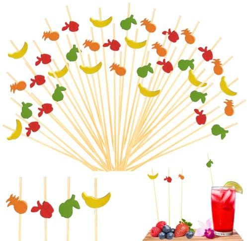 100 Pezzi Stuzzicadenti Decorativi, Stecchini per Aperitivo in Legno Bastoncini da Cocktail Legno Stuzzicadenti Decorativi Estivi Spiedini per Frutta per Feste Estate Decorazioni (Colorato)