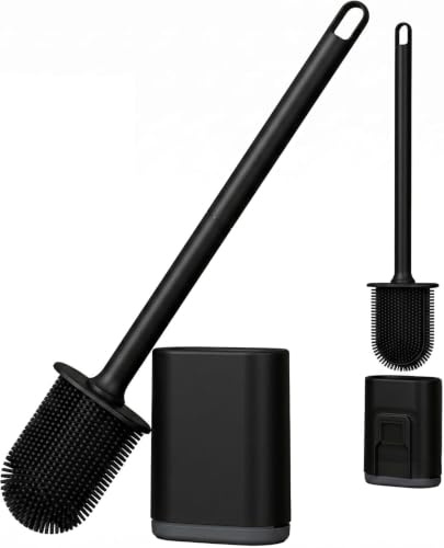 CUULANIX Brosse WC en Silicone avec Support, Brosse Toilette 2-en-1 Balayette WC Hygiénique Anti-Odeur Séchage Rapide Montage Mural ou Au Sol pour Salle de Bain, Noir