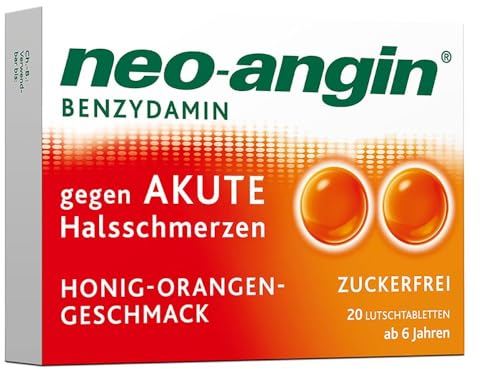 neo-angin Benzydamin gegen akute Halsschmerzen mit Honig-Orangengeschmack | bei schmerzhaften Halsentzündungen | für Erwachsene & Schulkinder ab 6 Jahren | zuckerfrei | 20 Stück