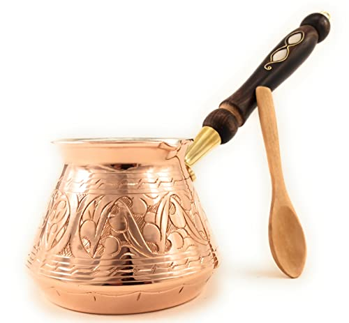 ACI Series Grande cafetière turque en cuivre massif gravé turc, grec, arabe avec poignée en bois, cafetière pour cuisinière, Jazzve, Cezve, Ibrik, Briki, Café Turco