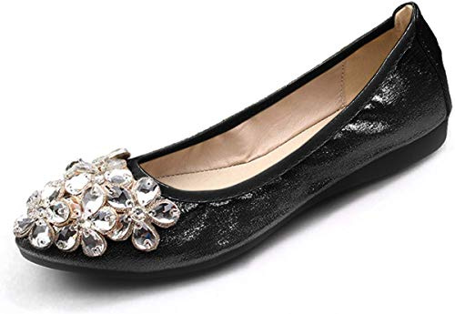 Lauthen.S Women Foldable Ballet Flats, Pointed Toe Wedding Rhinestone Slip on Flat Shoes(Black,7.5-8 US M)