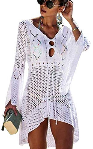Womens Beachwear Cover Ups, Women's Bathing Suit Cover Up Beach Bikini Swimsuit Swimwear Crochet Dress (A - White)