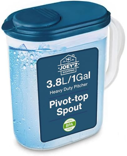 Water Pitcher with Lid 1 Gallon Slim Heavy Duty Plastic Measuring Pitcher with See Through Base, Leak Proof Spill Proof Lid w/Pivot Spout LidCover, BPA-free -Ideal for mixing, storing & serving