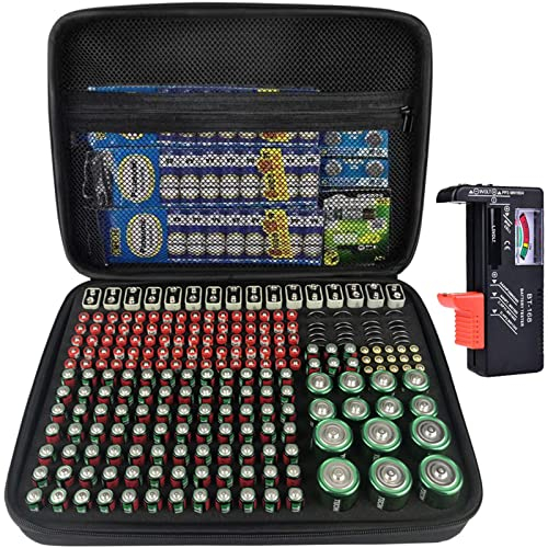Kixda Batteriegehäuse, 250+ Steckplätze, große Organizer-Aufbewahrungsbox, Halterung für 2 A, 3 A, 4 A, C, D, 9 V, 3 V Lithium-Knopfbatterien (inklusive Tester, ohne Batterien)