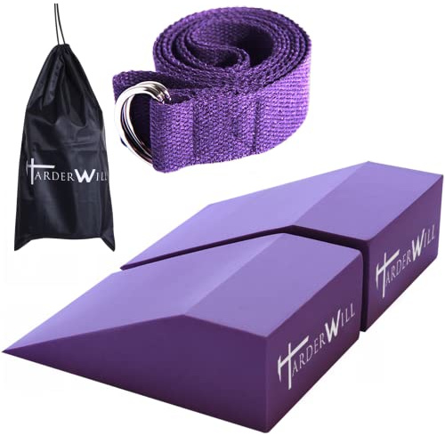 HarderWill 3 in 1 Yoga Foam Wedge Blocks (Pair), Calf Raise Block, Stretch Band Set, Calf Stretcher, Yoga Wrist Support, Balance, Pushup, Fitness, Pilates, Heel Stretcher, Squat Wedge with Gym Bag