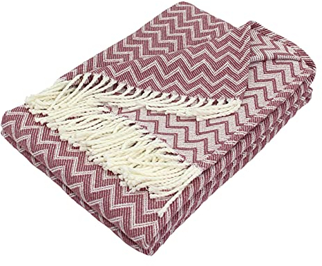 Moon Luxury Decke aus Baumwollmischung ca. 150x200 Kuscheldecke Zick-Zack Muster Tagesdecke mit Fransen leicht & kuschelig (weiß/Altrosa)