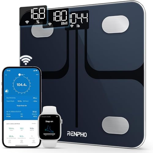 RENPHO Körperfettwaage, Intelligente WLAN-Smart-Waage Bluetooth Personenwaage, Körperanalysewaage BMI Waage mit Smartphone-App für Fitness, Step-On-Technologie, Schwarz