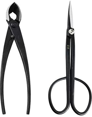 Wazakura Ensemble 2 Outils Essentiels pour Bonsaï et Jardinage Fabriqués au Japon, Ciseaux Twig en Acier Japonais Yasugi Japonais 210mm et Coupe Branche Pince Concave 200mm