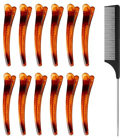 12pcs Sectioning Clips + 1pcs Antistatic Tail Comb, Multicolor Professional Hair Clamp Grips for Women Girls Hairdressing Styling Salon Tool (Brown Color)