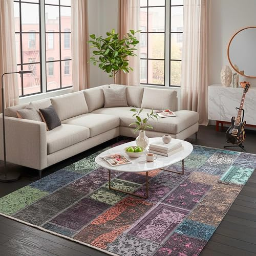TESSO LIVING Tapis Salon Kelim Patchwork 155x225 Multicolore – Poils Courts Vintage Lavable Machine Antidérapant Coton Recyclé Franges Belgique Design