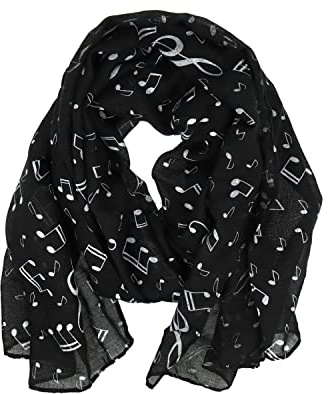 mugesh Halsduk med musiknoter - fin present till musiker, svart, 150cm x 50cm
