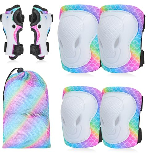 AuSletie 7 in 1 Kids Protective Gear Set for 3-8 Years, Kids Girls Knee Pads and Elbow Pads with Wrist Guards and Adjustable Strap for Skateboard, Roller Skating,Bicycle, Scooter, Cycling(Mermaid)